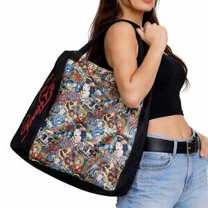 Ed Hardy Vintage Tote Bag Y2K All-Over Graphic Print Tattoo-Style Shoulder Bag💀